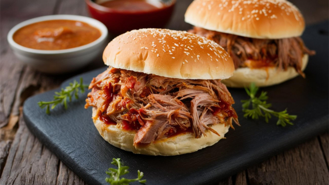 Zwei Pulled Pork Burger mit zartem Schweinefleisch, frischem Salat und Sauce, serviert auf einem Tablett.
