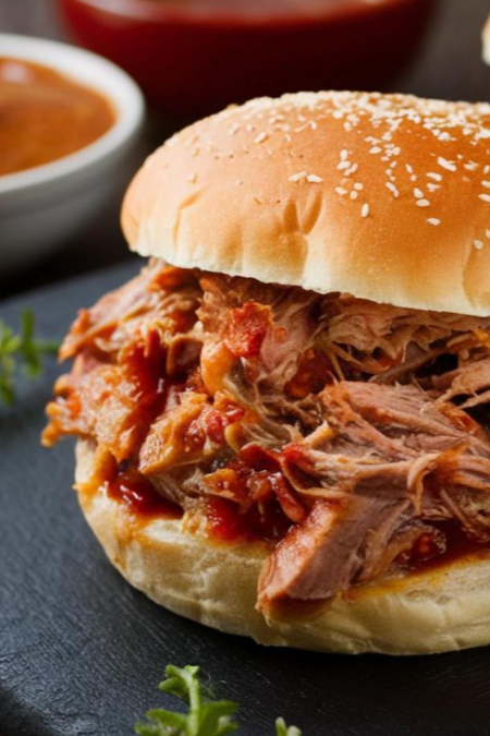 Pulled Pork Burger mit zartem Schweinefleisch, frischem Salat und Sauce